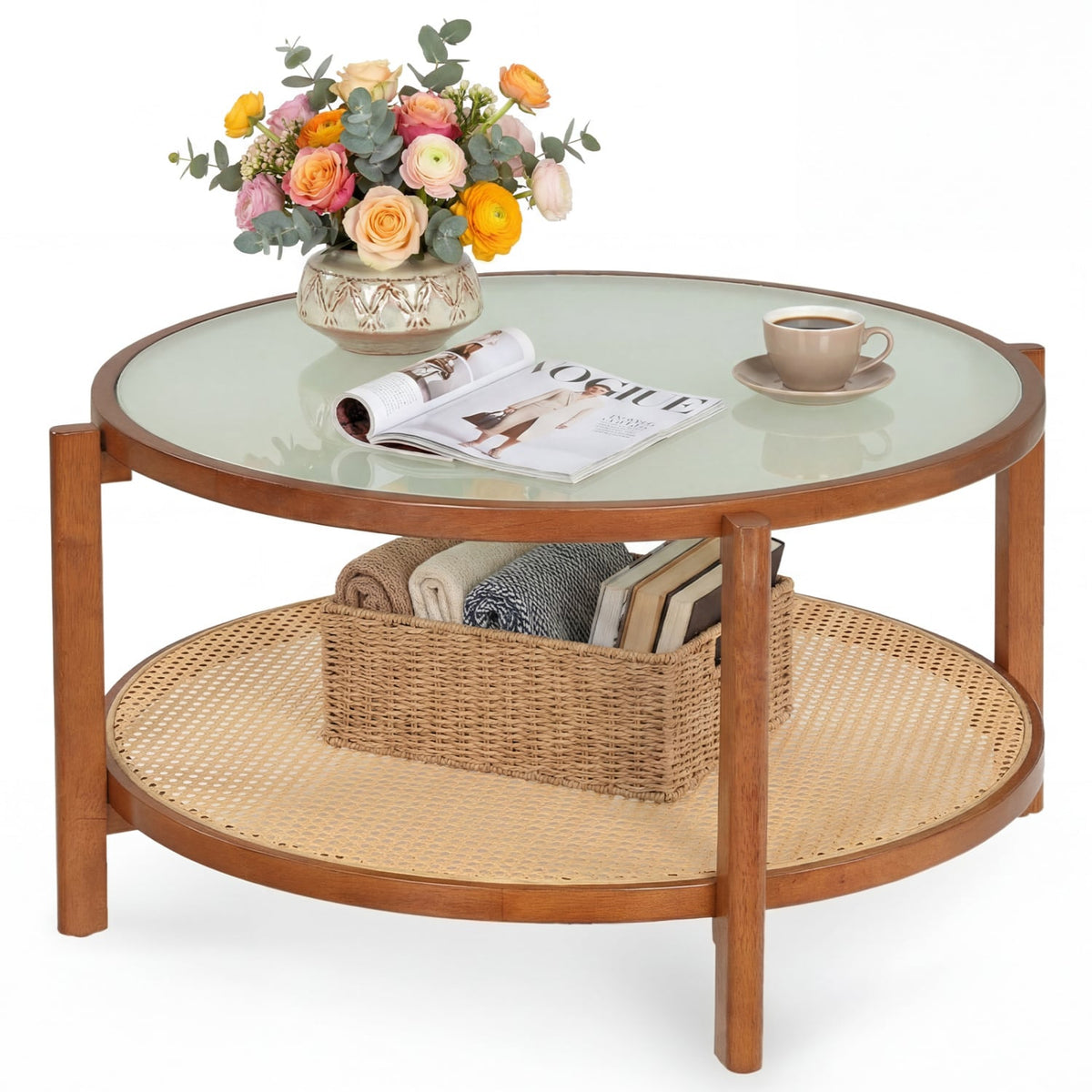 2-Tier Rattan Coffee Table with Frosted Tempered Glass Top and Wood Legs-Walnut-Coffee Tables-DECOROLALA