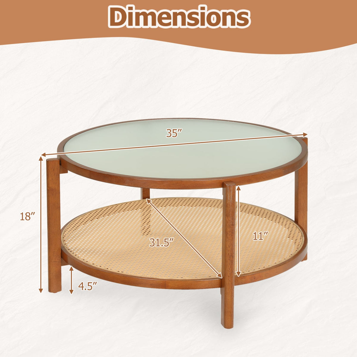 2-Tier Rattan Coffee Table with Frosted Tempered Glass Top and Wood Legs-Walnut-Coffee Tables-DECOROLALA