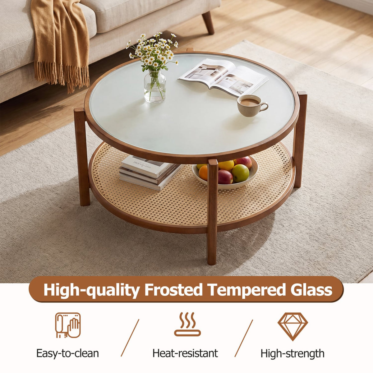 2-Tier Rattan Coffee Table with Frosted Tempered Glass Top and Wood Legs-Walnut-Coffee Tables-DECOROLALA