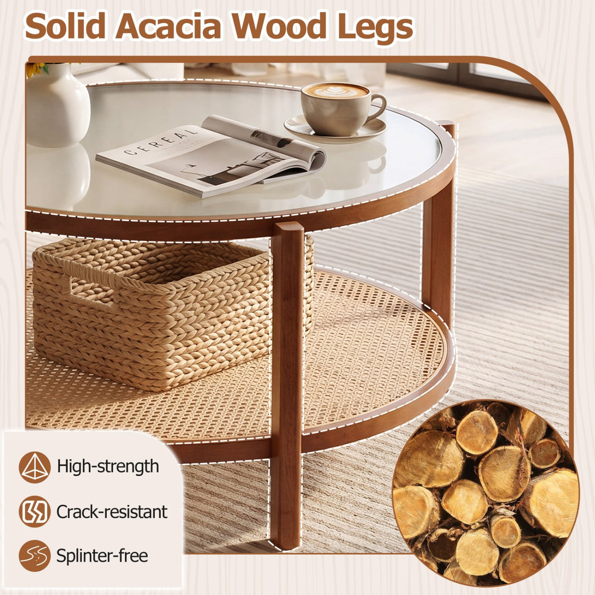 2-Tier Rattan Coffee Table with Frosted Tempered Glass Top and Wood Legs-Walnut-Coffee Tables-DECOROLALA