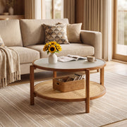 2-Tier Rattan Coffee Table with Frosted Tempered Glass Top and Wood Legs-Walnut-Coffee Tables-DECOROLALA