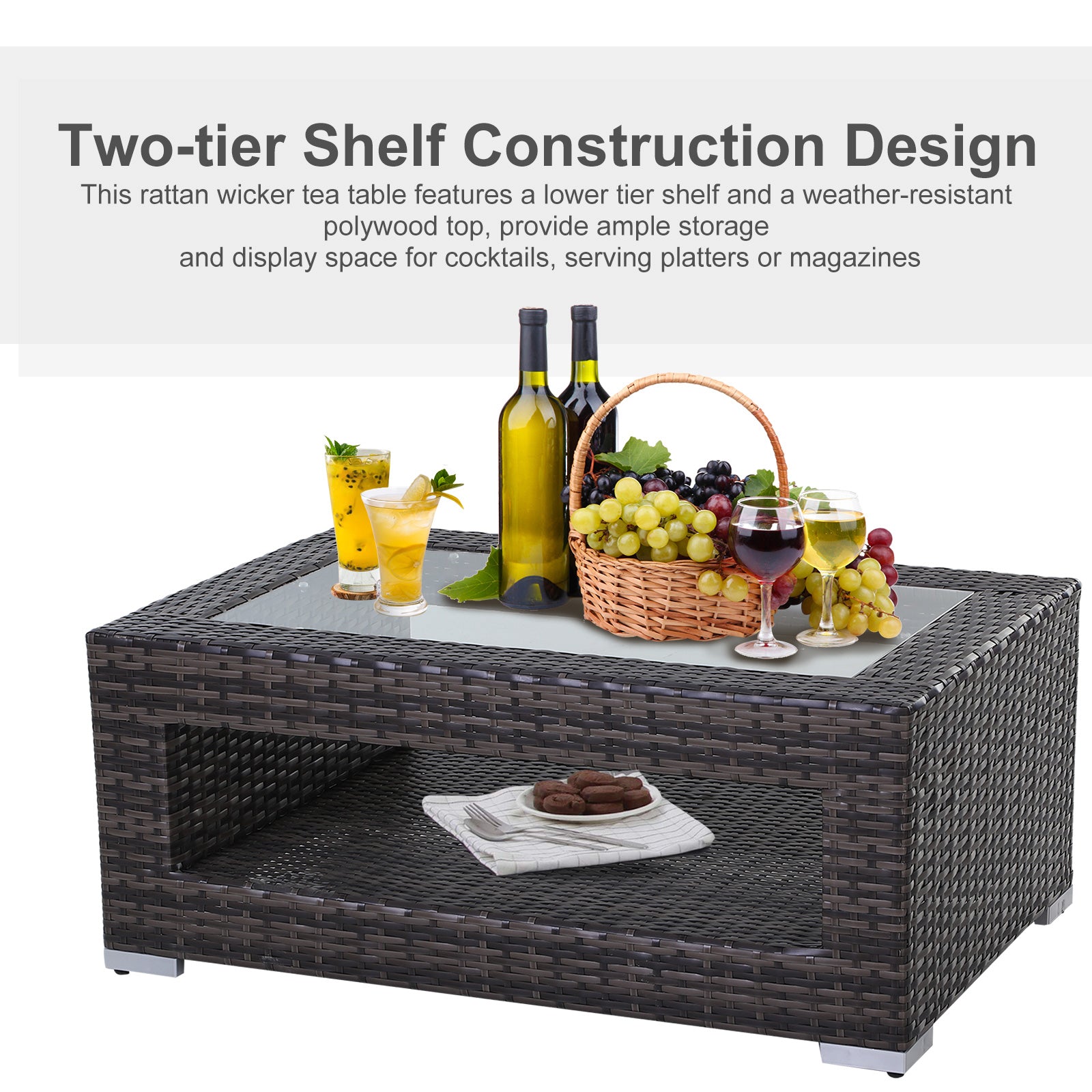 2-Tier Rattan Patio Coffee Table - Grey-DECOROLALA