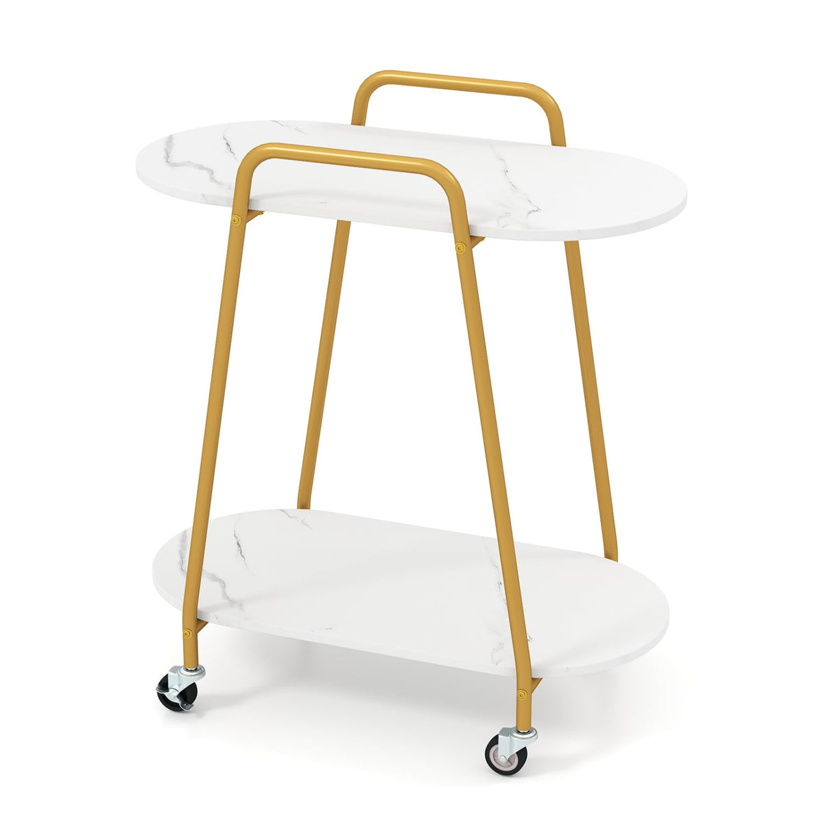 2-Tier Rolling End Table with Faux Marble Surfaces for Small Spaces-White-End & Side Tables-DECOROLALA