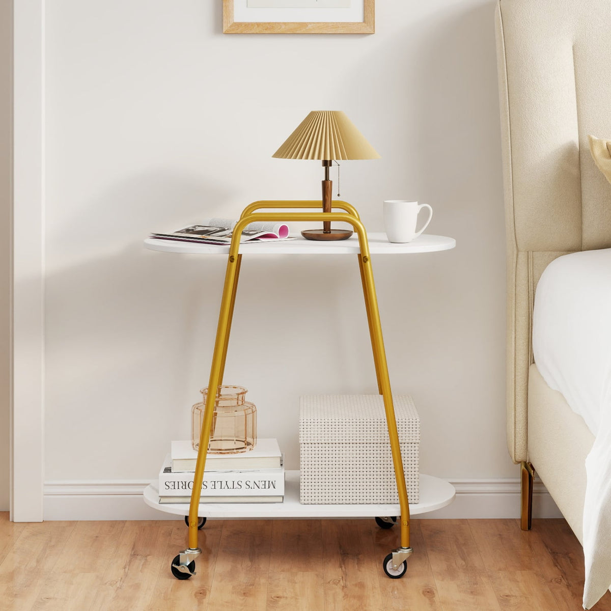 2-Tier Rolling End Table with Faux Marble Surfaces for Small Spaces-White-End & Side Tables-DECOROLALA