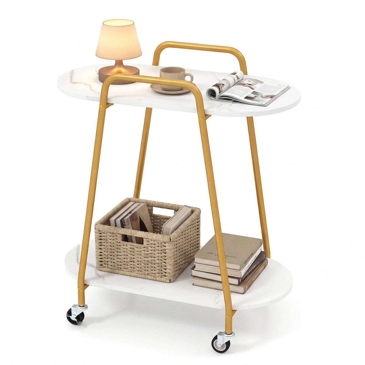 2-Tier Rolling End Table with Faux Marble Surfaces for Small Spaces-White-End & Side Tables-DECOROLALA
