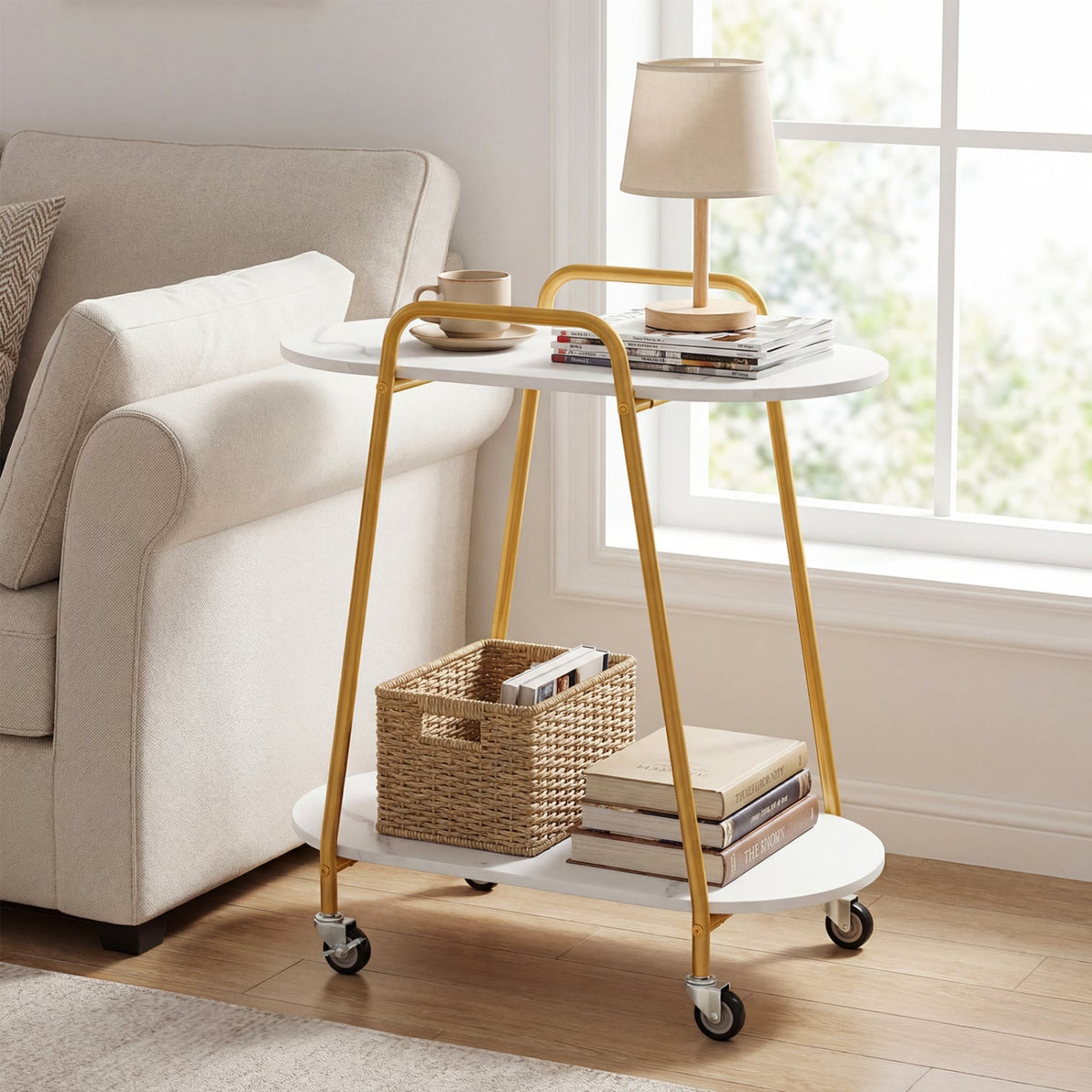 2-Tier Rolling End Table with Faux Marble Surfaces for Small Spaces-White-End & Side Tables-DECOROLALA