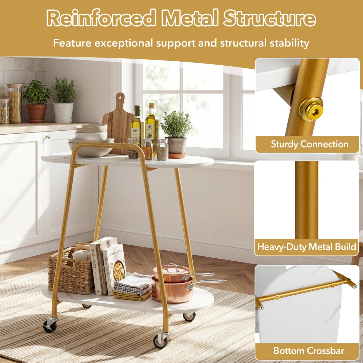 2-Tier Rolling End Table with Faux Marble Surfaces for Small Spaces-White-End & Side Tables-DECOROLALA
