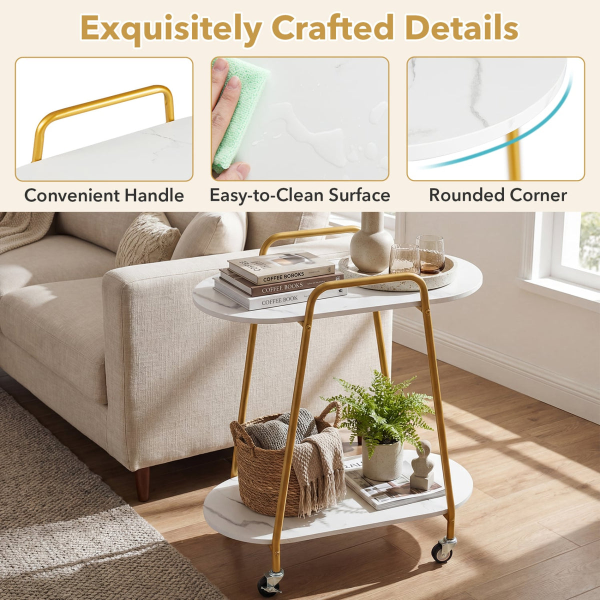 2-Tier Rolling End Table with Faux Marble Surfaces for Small Spaces-White-End & Side Tables-DECOROLALA