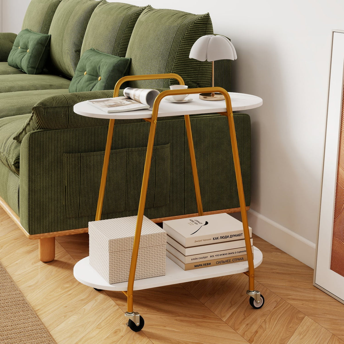 2-Tier Rolling End Table with Faux Marble Surfaces for Small Spaces-White-End & Side Tables-DECOROLALA