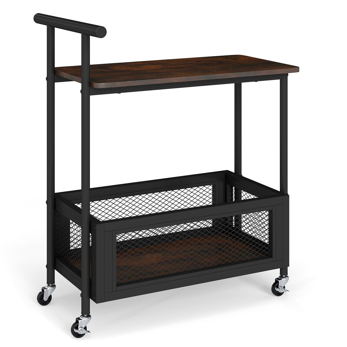 2-Tier Rolling End Table with Handle and Mesh Basket-Rustic Brown-End & Side Tables-DECOROLALA