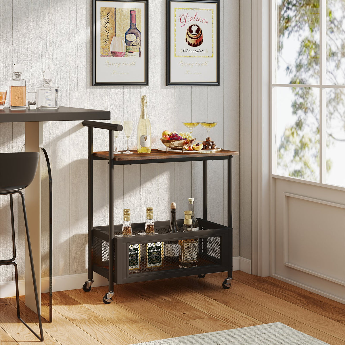 2-Tier Rolling End Table with Handle and Mesh Basket-Rustic Brown-End & Side Tables-DECOROLALA