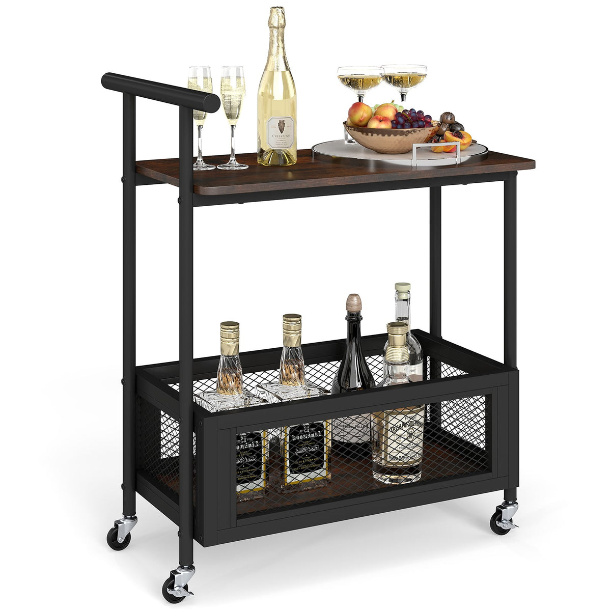 2-Tier Rolling End Table with Handle and Mesh Basket-Rustic Brown-End & Side Tables-DECOROLALA