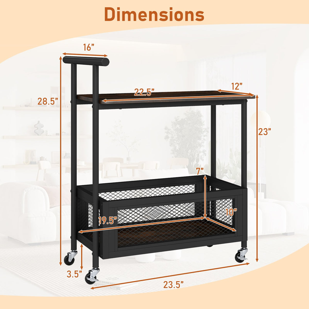 2-Tier Rolling End Table with Handle and Mesh Basket-Rustic Brown-End & Side Tables-DECOROLALA