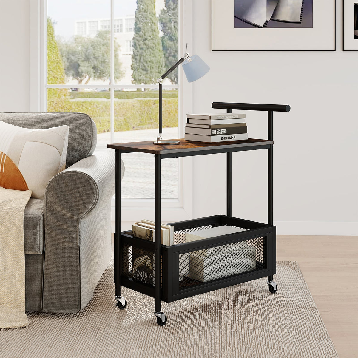 2-Tier Rolling End Table with Handle and Mesh Basket-Rustic Brown-End & Side Tables-DECOROLALA