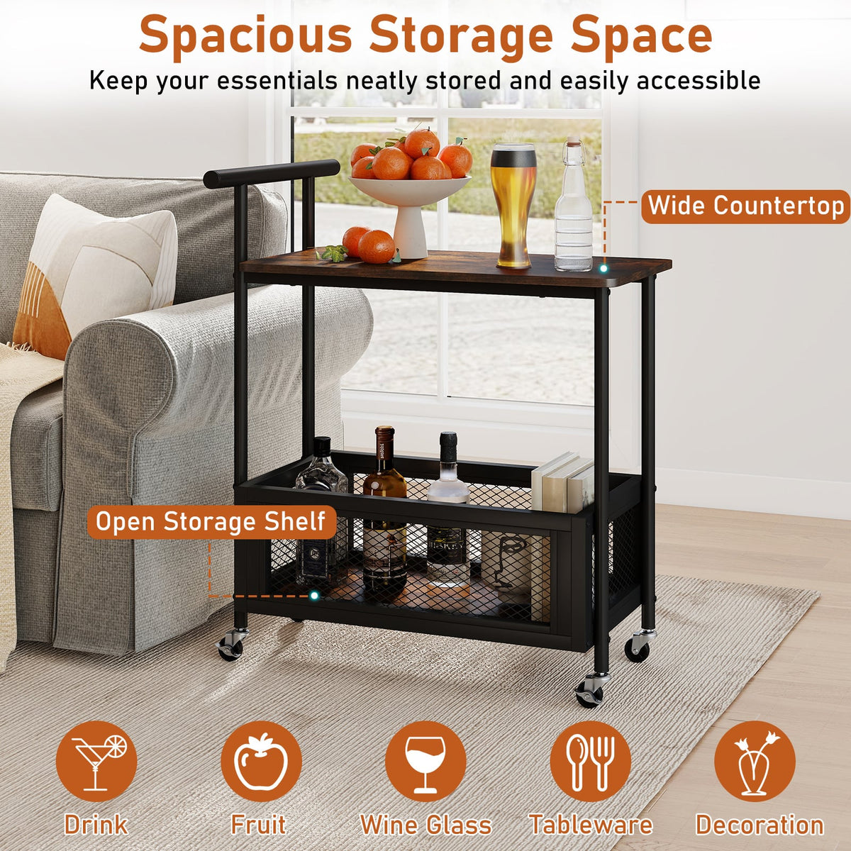 2-Tier Rolling End Table with Handle and Mesh Basket-Rustic Brown-End & Side Tables-DECOROLALA