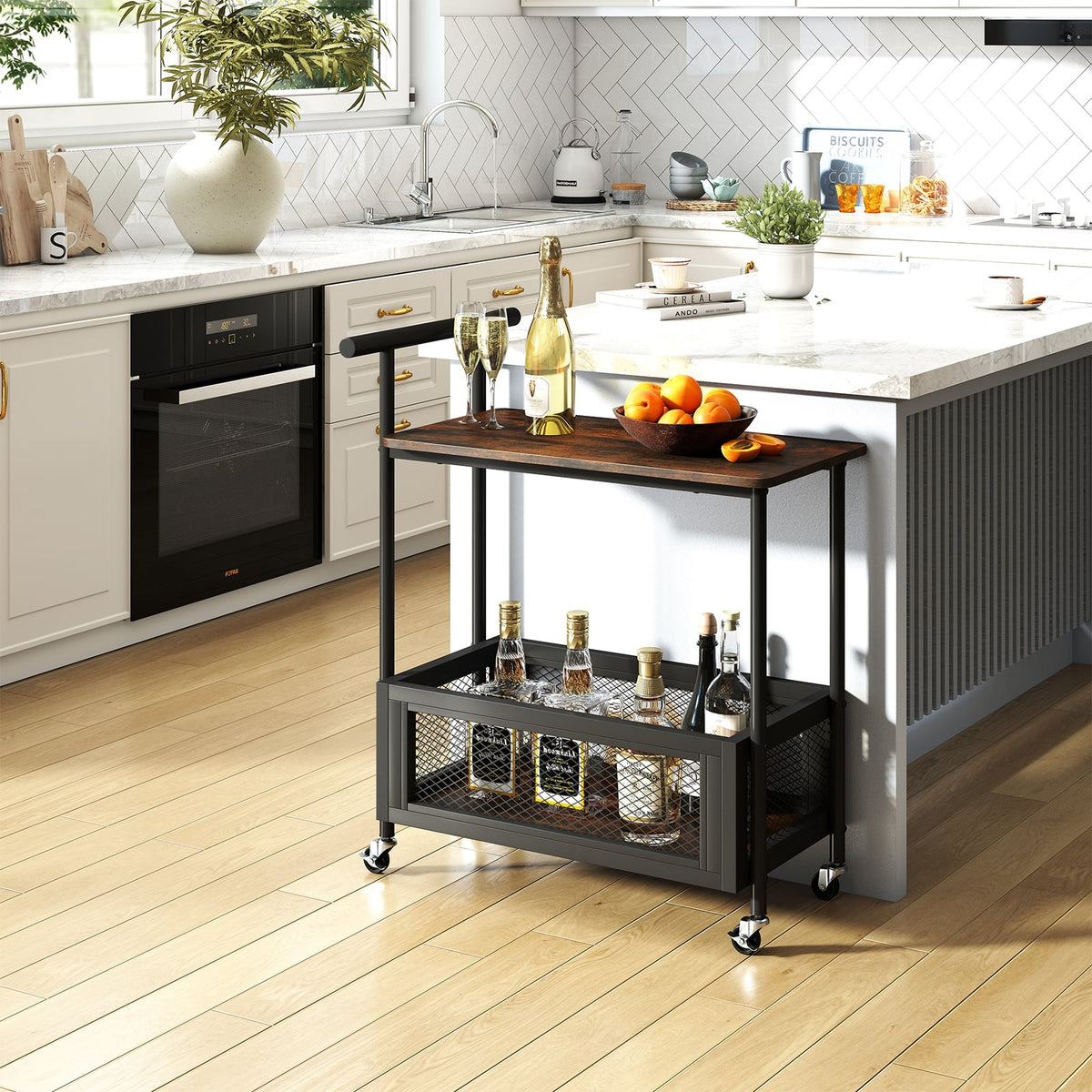 2-Tier Rolling End Table with Handle and Mesh Basket-Rustic Brown-End & Side Tables-DECOROLALA