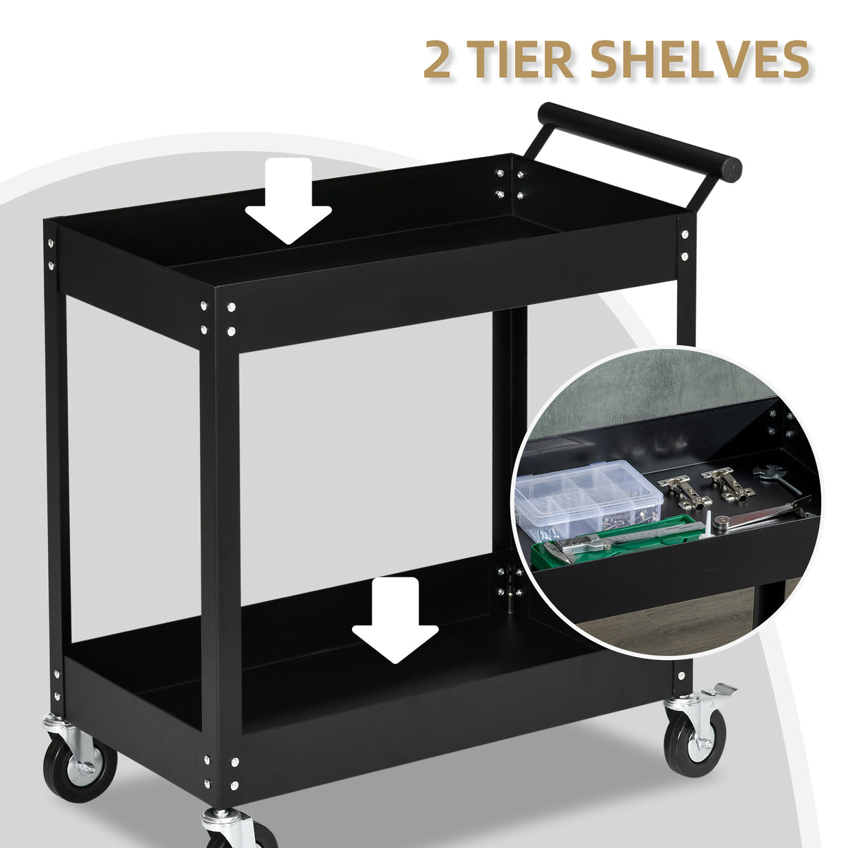 2-Tier Rolling Steel Tool Cart - Black 330lb Capacity-Home Improvement > Tools > Tool Organizers-DECOROLALA