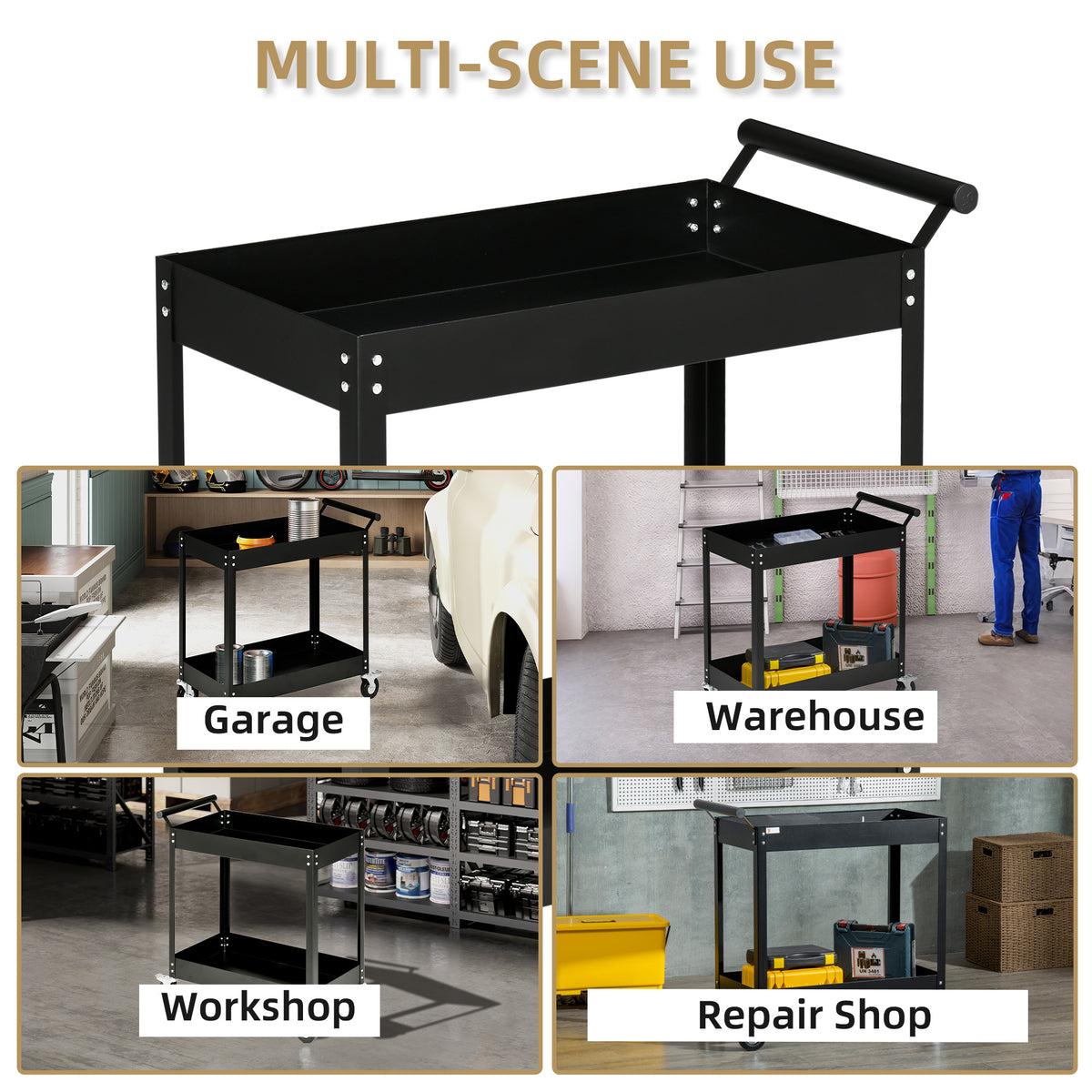 2-Tier Rolling Steel Tool Cart - Black 330lb Capacity-Home Improvement > Tools > Tool Organizers-DECOROLALA