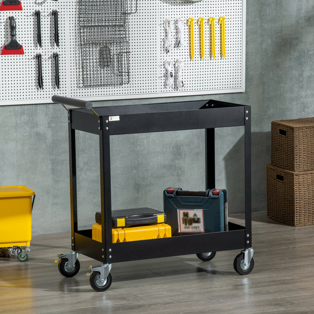 2-Tier Rolling Steel Tool Cart - Black 330lb Capacity-Home Improvement > Tools > Tool Organizers-DECOROLALA