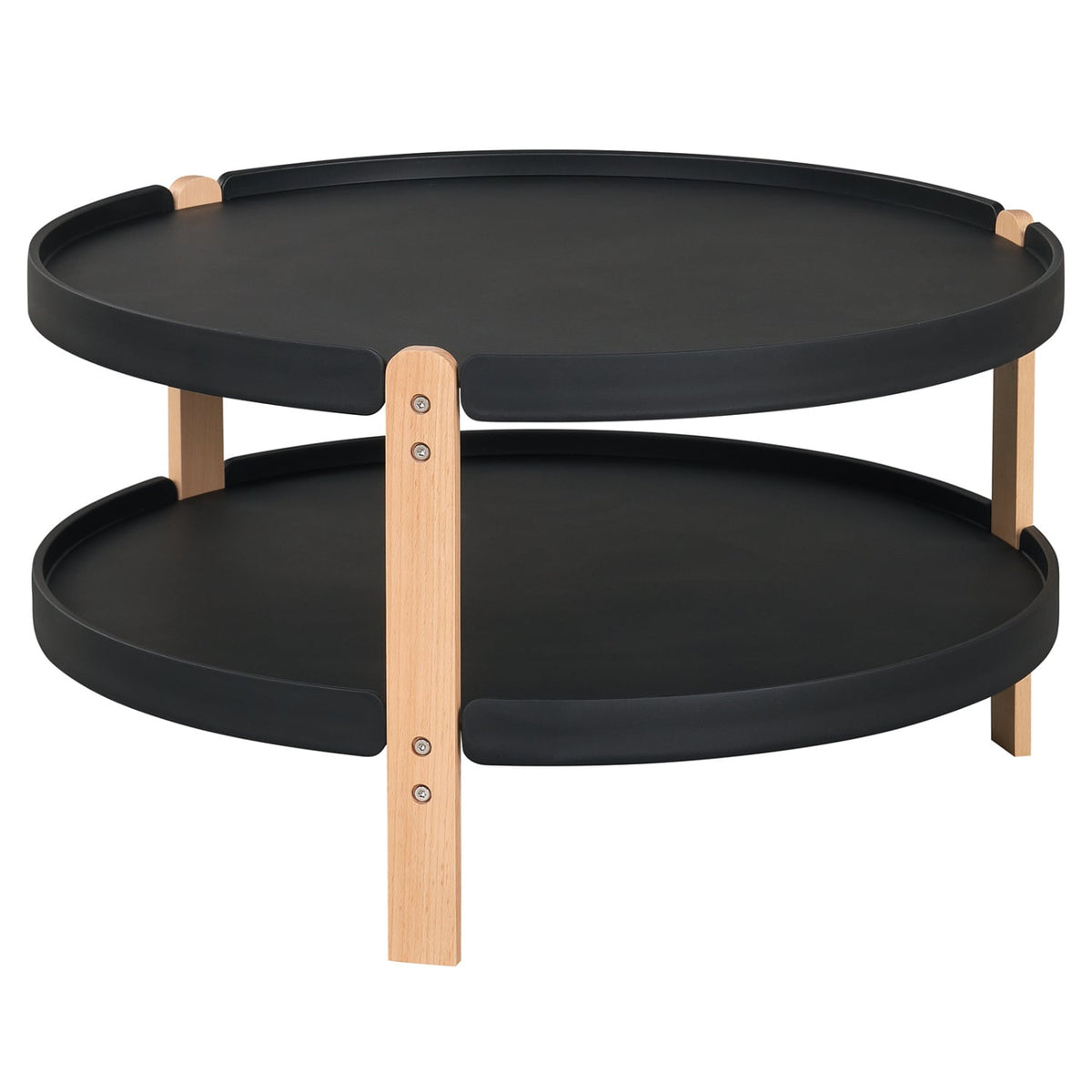 2-Tier Round Coffee Table with Open Storage Shelf and Solid Beech Wood Legs for Living Room-Black-Coffee Tables-DECOROLALA