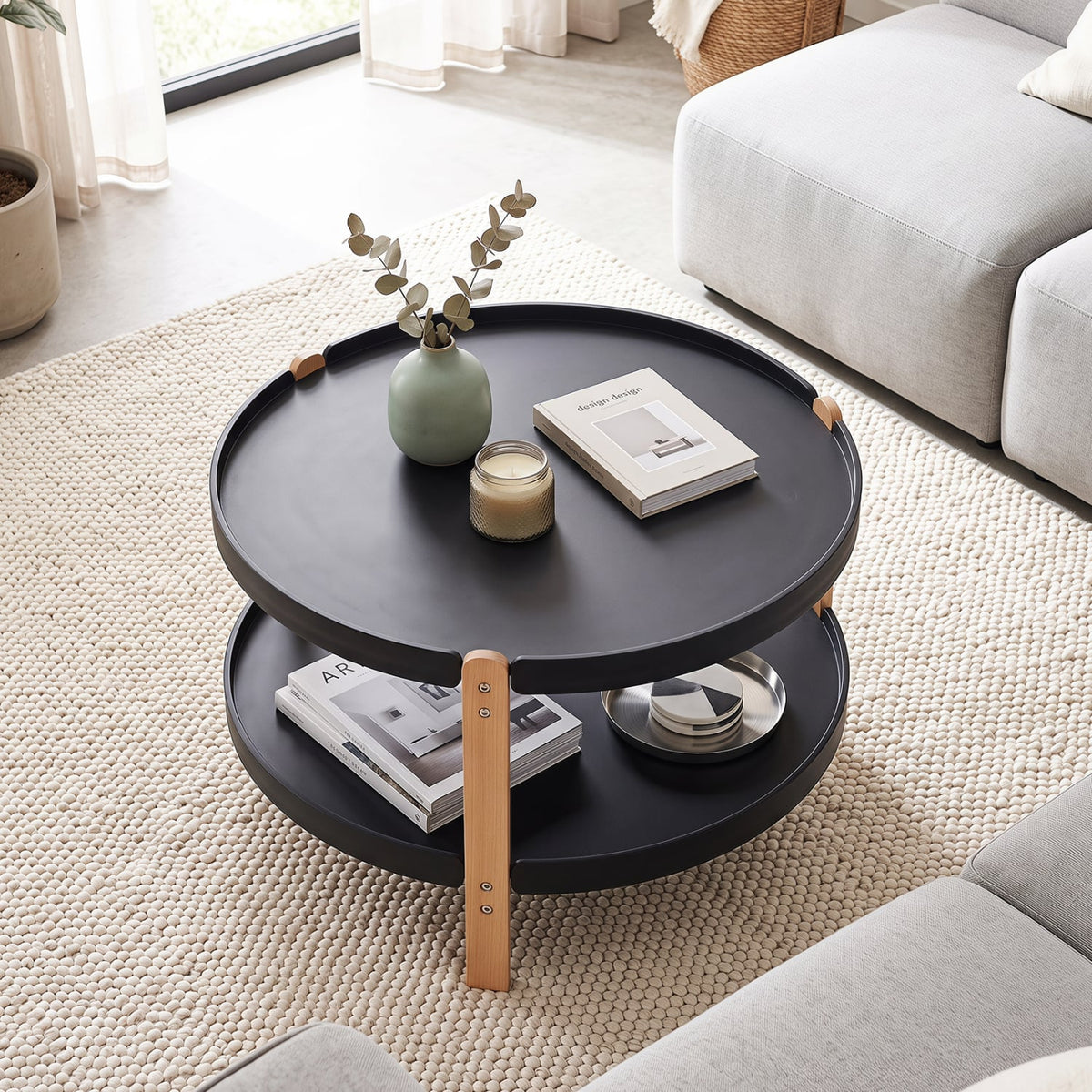 2-Tier Round Coffee Table with Open Storage Shelf and Solid Beech Wood Legs for Living Room-Black-Coffee Tables-DECOROLALA
