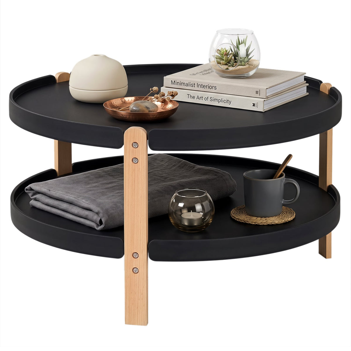 2-Tier Round Coffee Table with Open Storage Shelf and Solid Beech Wood Legs for Living Room-Black-Coffee Tables-DECOROLALA