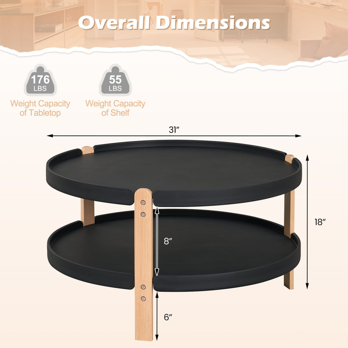2-Tier Round Coffee Table with Open Storage Shelf and Solid Beech Wood Legs for Living Room-Black-Coffee Tables-DECOROLALA