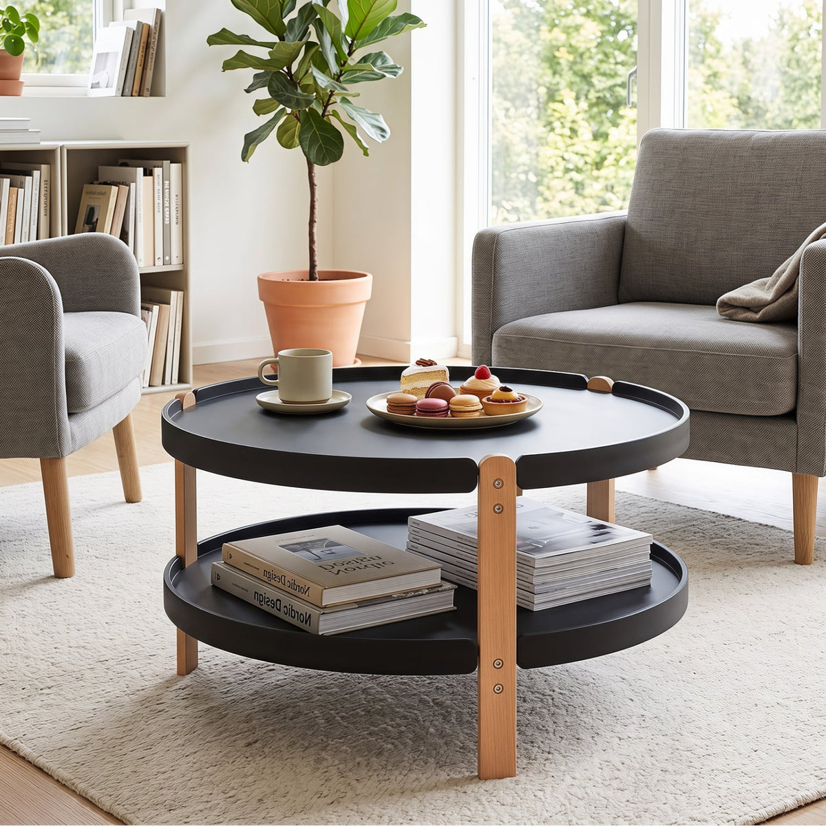 2-Tier Round Coffee Table with Open Storage Shelf and Solid Beech Wood Legs for Living Room-Black-Coffee Tables-DECOROLALA
