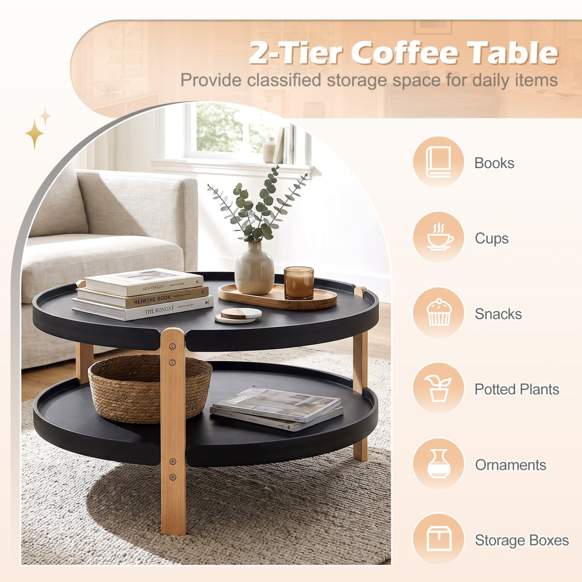 2-Tier Round Coffee Table with Open Storage Shelf and Solid Beech Wood Legs for Living Room-Black-Coffee Tables-DECOROLALA