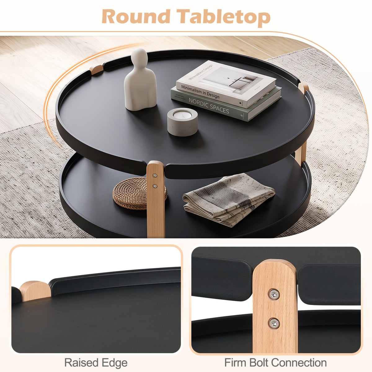 2-Tier Round Coffee Table with Open Storage Shelf and Solid Beech Wood Legs for Living Room-Black-Coffee Tables-DECOROLALA