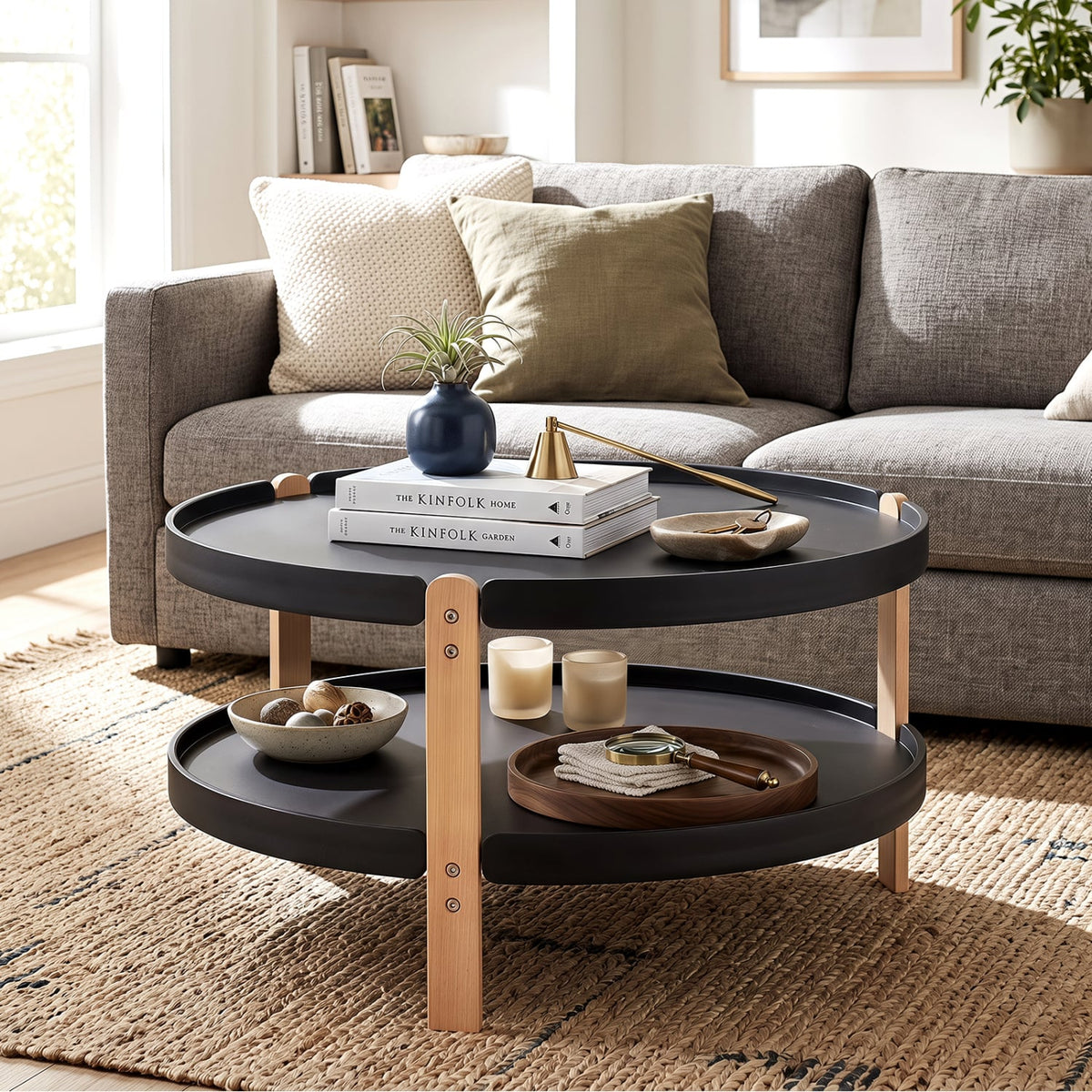 2-Tier Round Coffee Table with Open Storage Shelf and Solid Beech Wood Legs for Living Room-Black-Coffee Tables-DECOROLALA