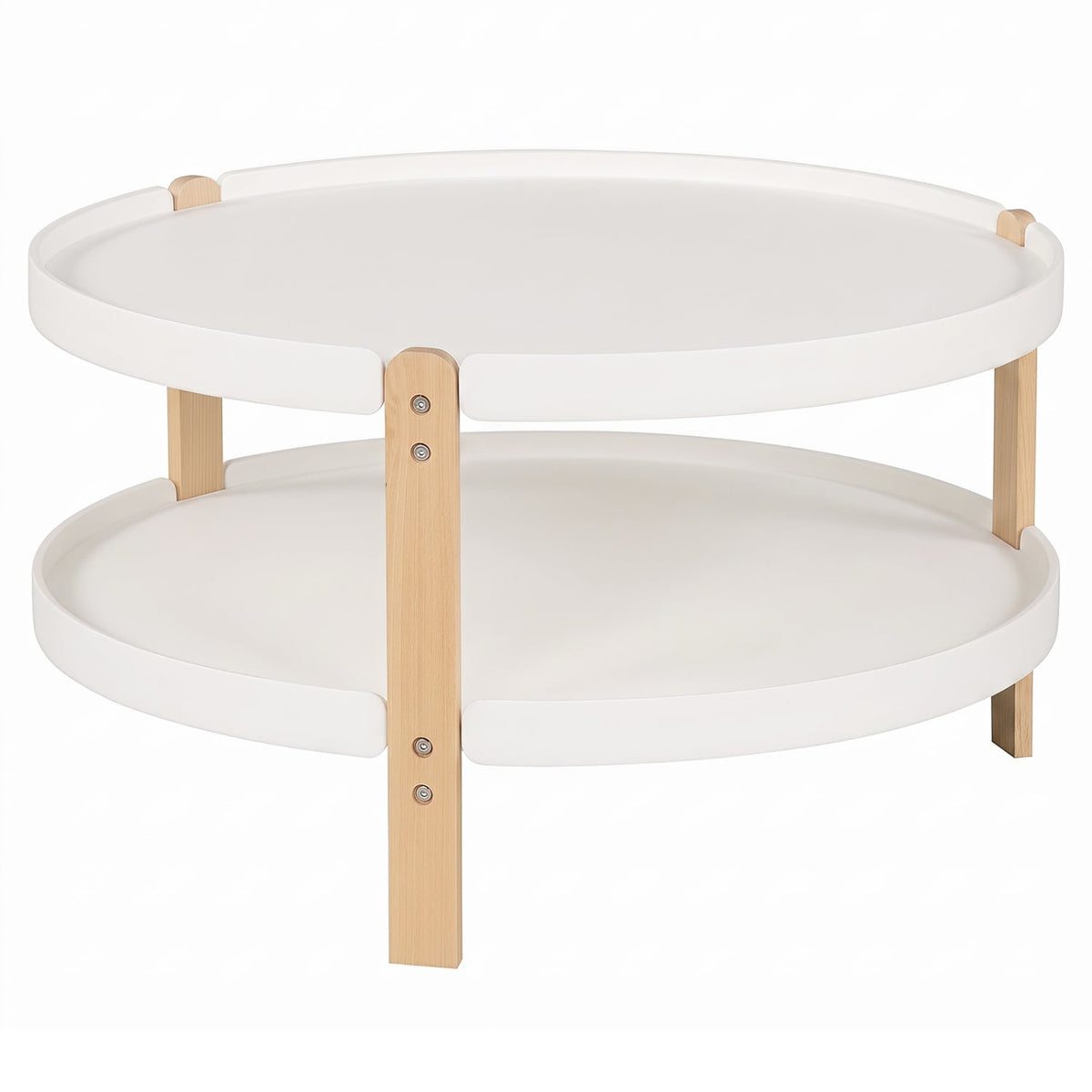 2-Tier Round Coffee Table with Open Storage Shelf and Solid Beech Wood Legs for Living Room-White-Coffee Tables-DECOROLALA