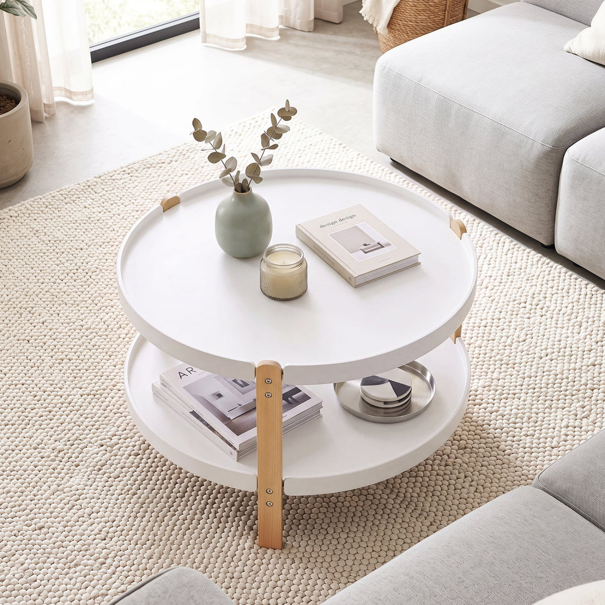2-Tier Round Coffee Table with Open Storage Shelf and Solid Beech Wood Legs for Living Room-White-Coffee Tables-DECOROLALA