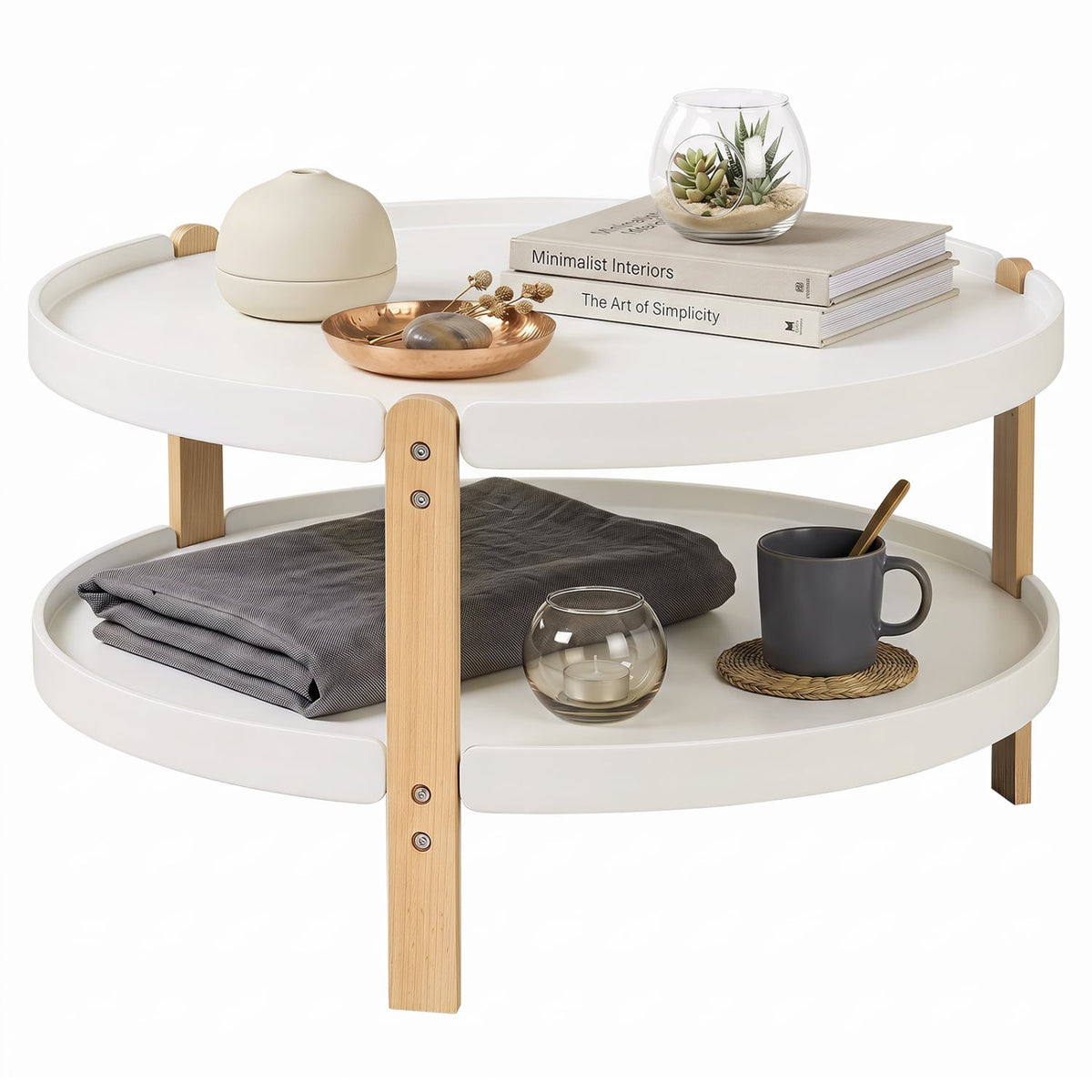 2-Tier Round Coffee Table with Open Storage Shelf and Solid Beech Wood Legs for Living Room-White-Coffee Tables-DECOROLALA