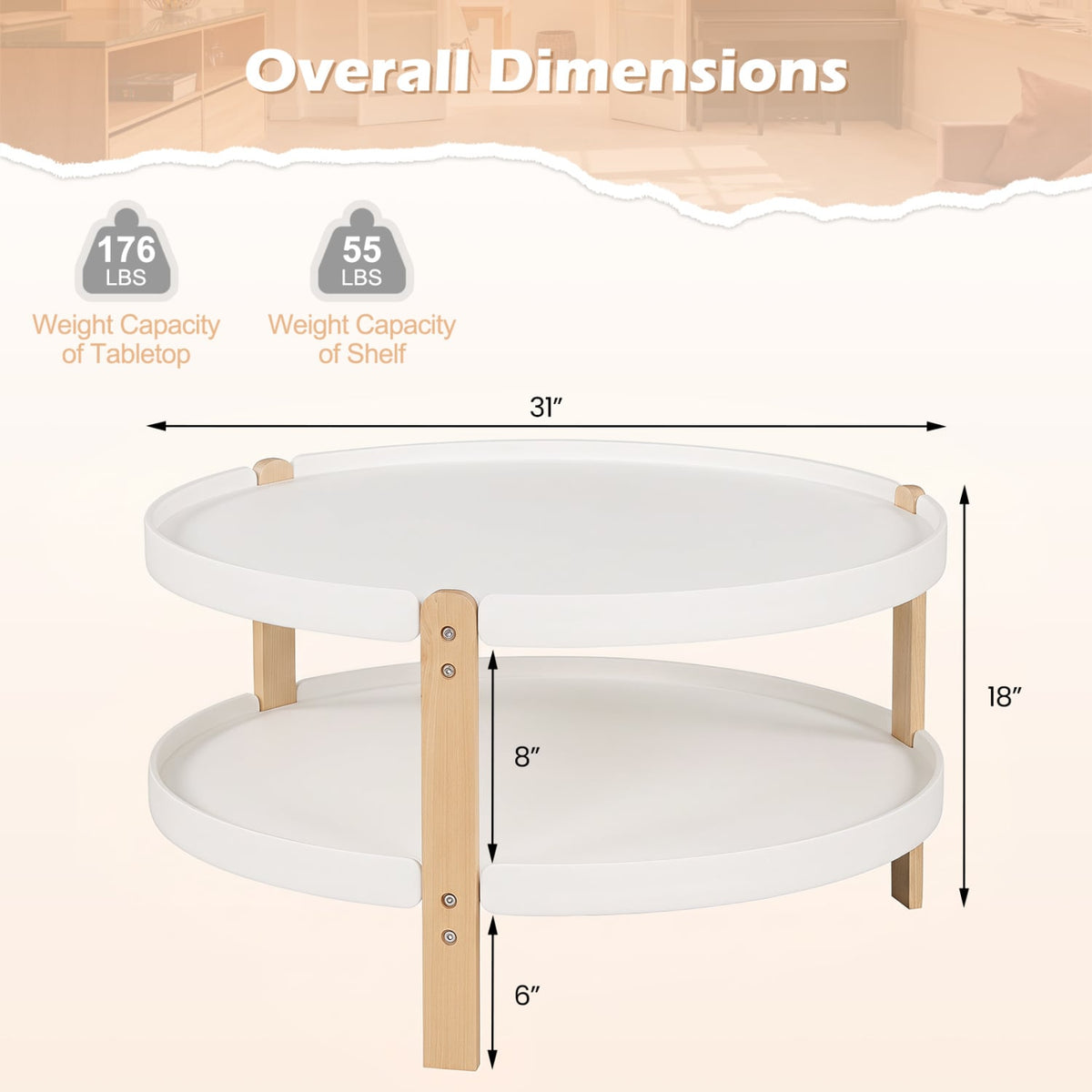 2-Tier Round Coffee Table with Open Storage Shelf and Solid Beech Wood Legs for Living Room-White-Coffee Tables-DECOROLALA