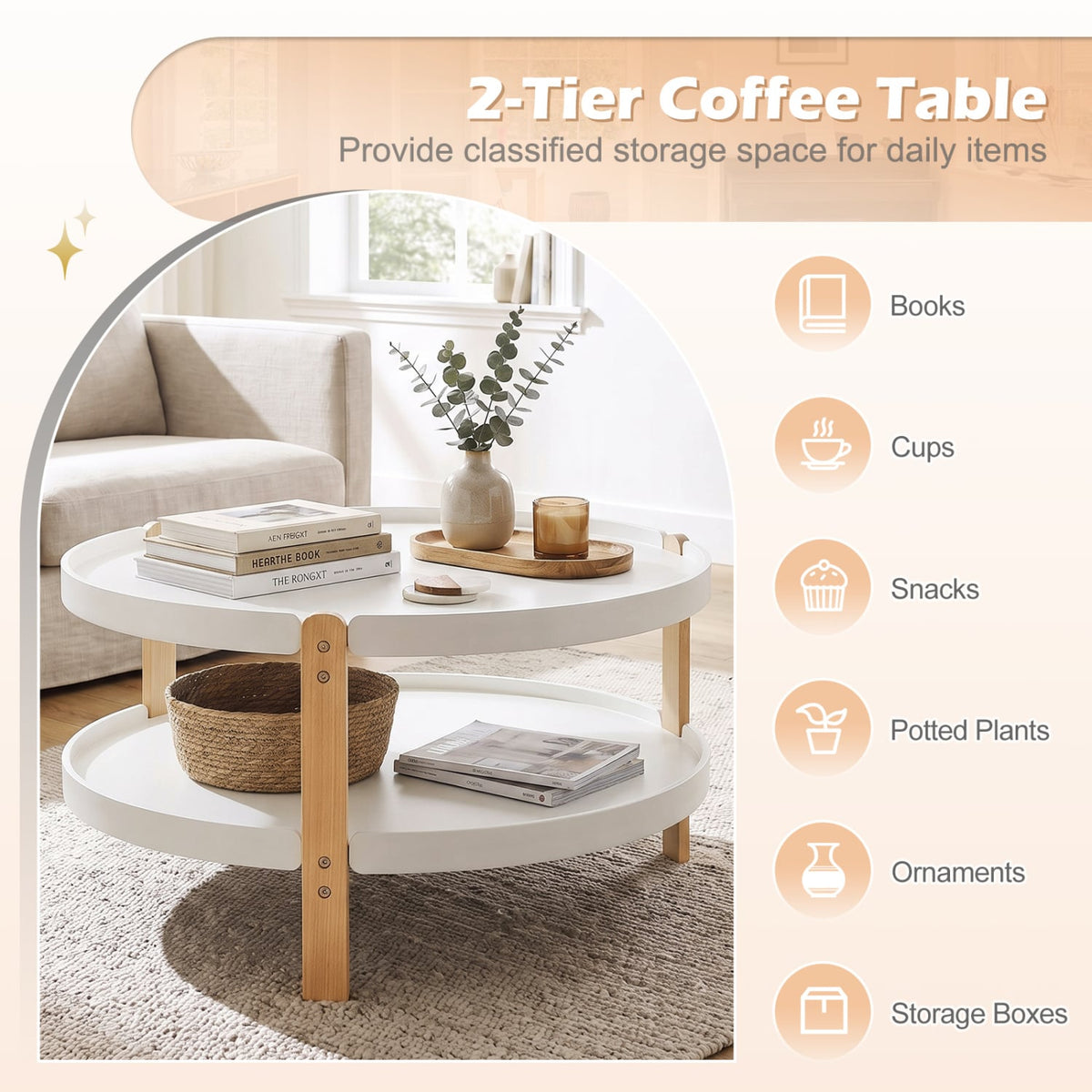 2-Tier Round Coffee Table with Open Storage Shelf and Solid Beech Wood Legs for Living Room-White-Coffee Tables-DECOROLALA