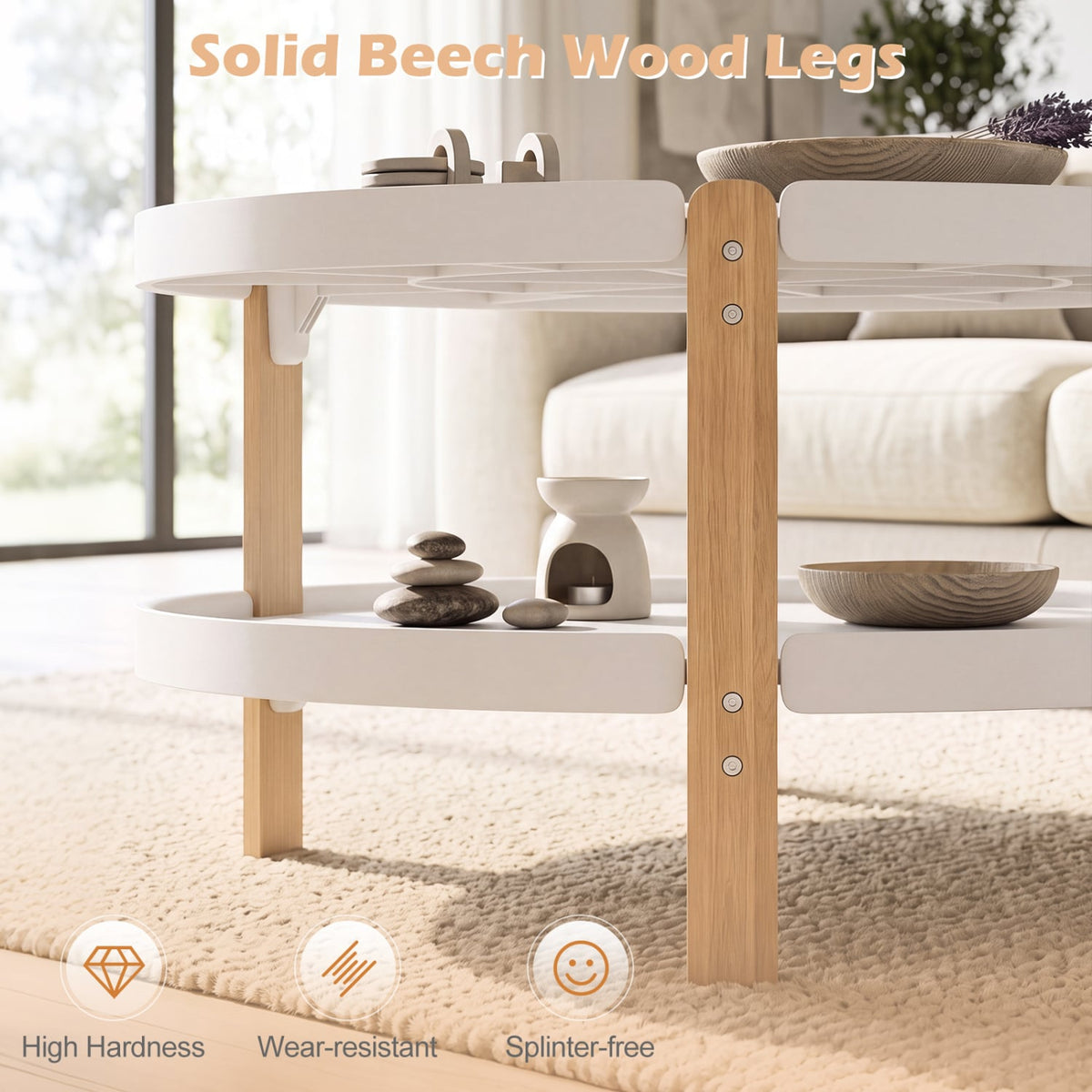 2-Tier Round Coffee Table with Open Storage Shelf and Solid Beech Wood Legs for Living Room-White-Coffee Tables-DECOROLALA