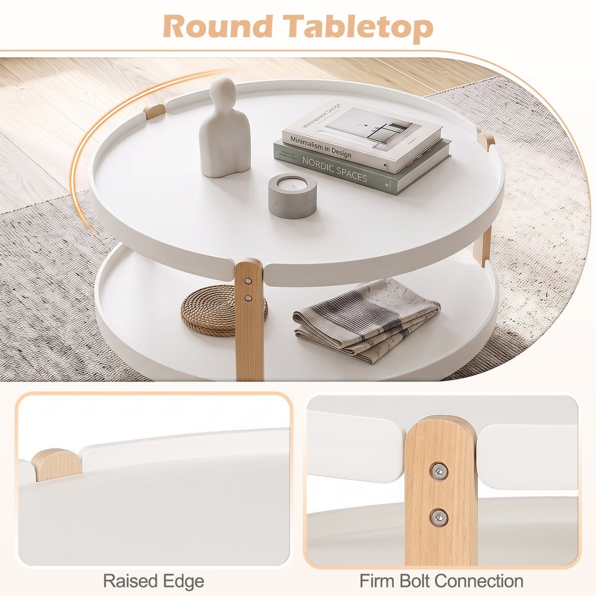 2-Tier Round Coffee Table with Open Storage Shelf and Solid Beech Wood Legs for Living Room-White-Coffee Tables-DECOROLALA
