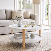 2-Tier Round Coffee Table with Open Storage Shelf and Solid Beech Wood Legs for Living Room-White-Coffee Tables-DECOROLALA