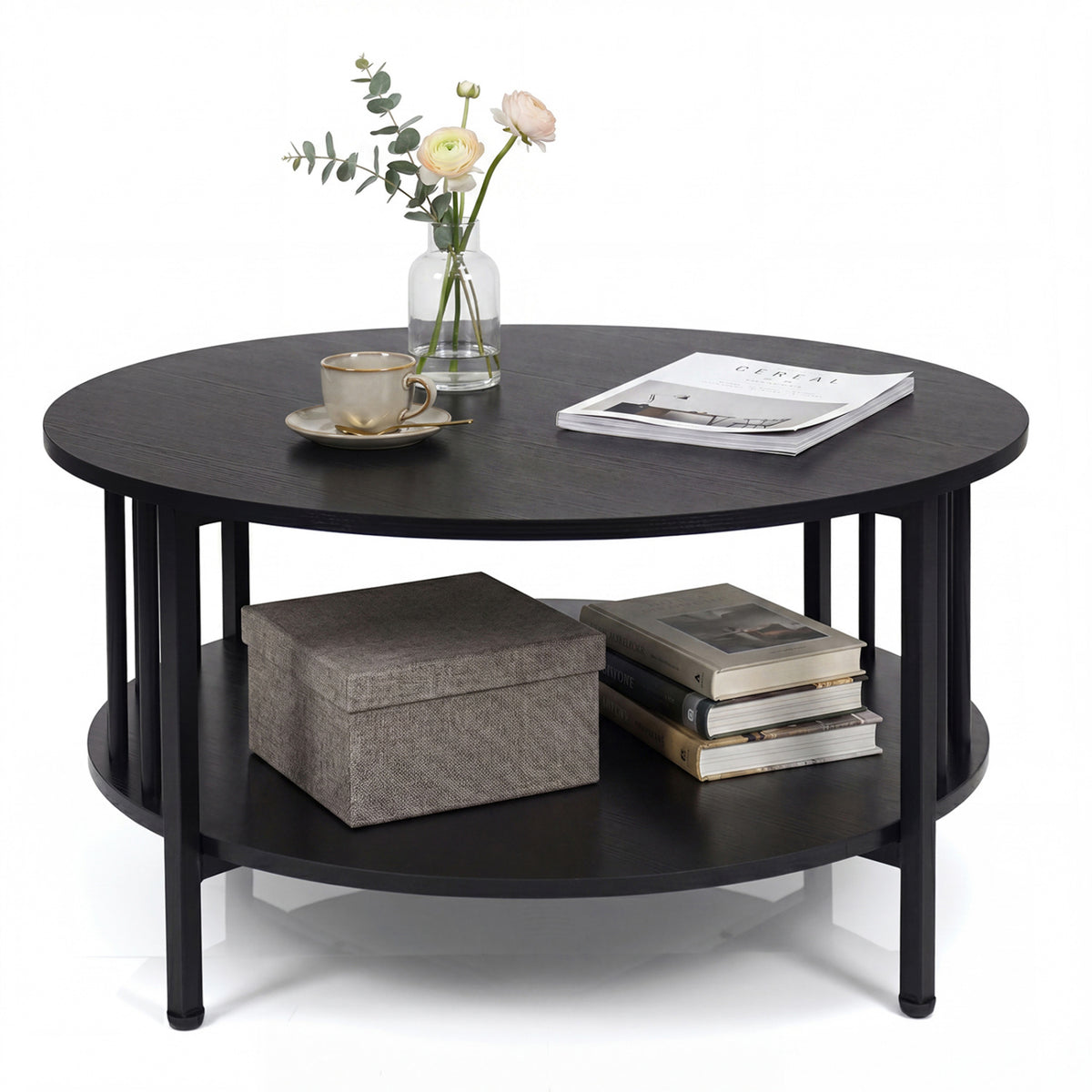 2-Tier Round Coffee Table with Storage Shelf and Metal Accents in Black Walnut-Black-Coffee Tables-DECOROLALA