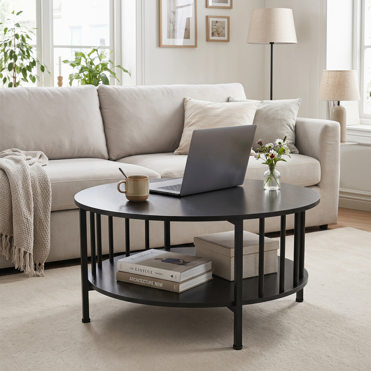 2-Tier Round Coffee Table with Storage Shelf and Metal Accents in Black Walnut-Black-Coffee Tables-DECOROLALA