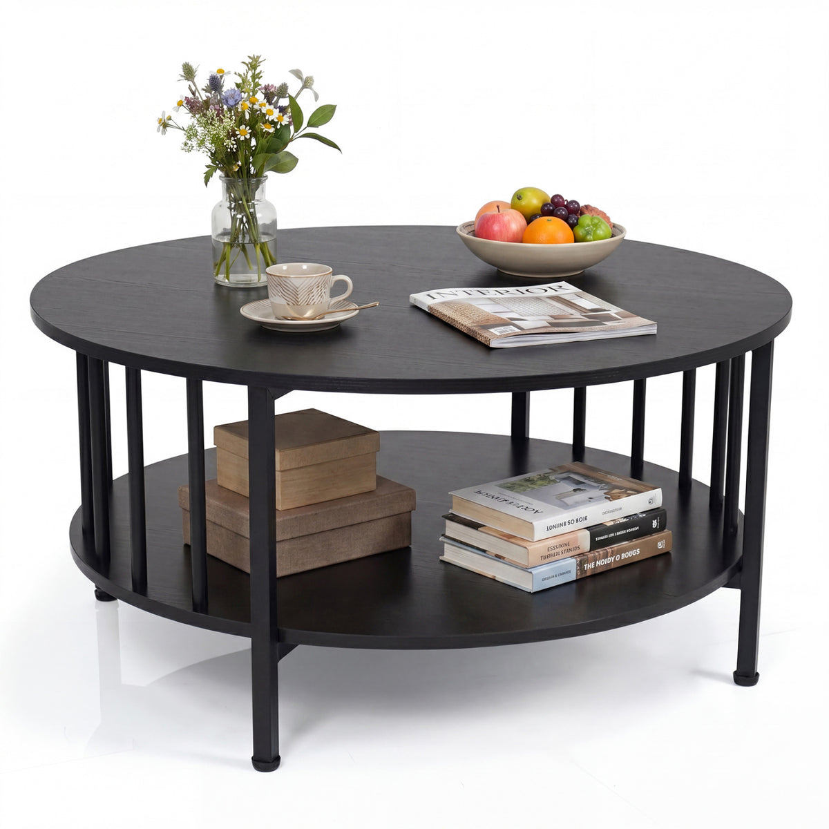 2-Tier Round Coffee Table with Storage Shelf and Metal Accents in Black Walnut-Black-Coffee Tables-DECOROLALA