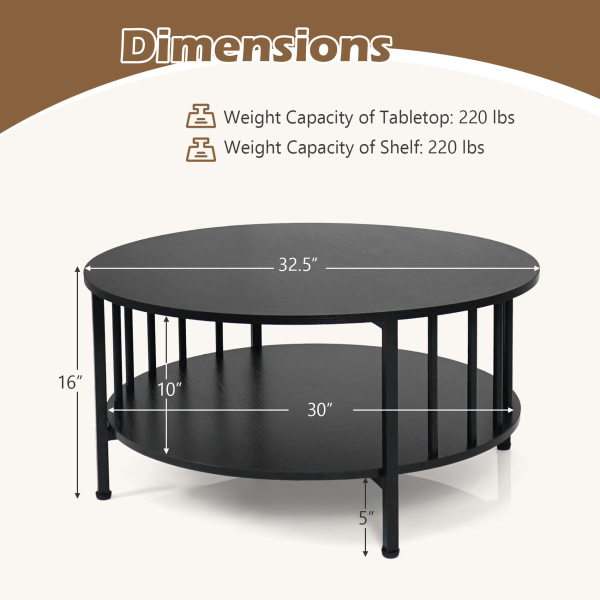2-Tier Round Coffee Table with Storage Shelf and Metal Accents in Black Walnut-Black-Coffee Tables-DECOROLALA