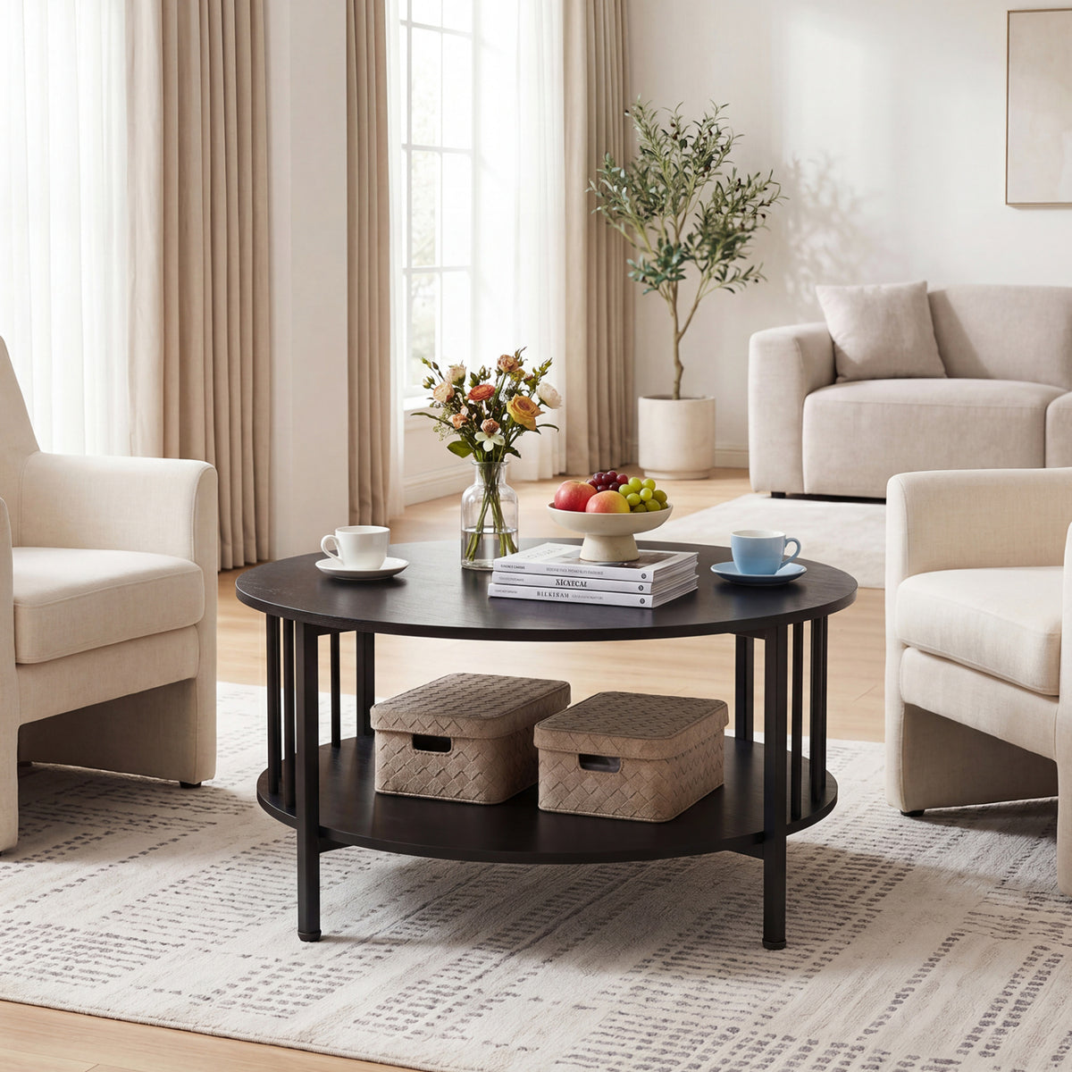2-Tier Round Coffee Table with Storage Shelf and Metal Accents in Black Walnut-Black-Coffee Tables-DECOROLALA