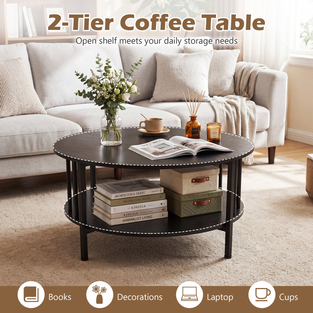 2-Tier Round Coffee Table with Storage Shelf and Metal Accents in Black Walnut-Black-Coffee Tables-DECOROLALA