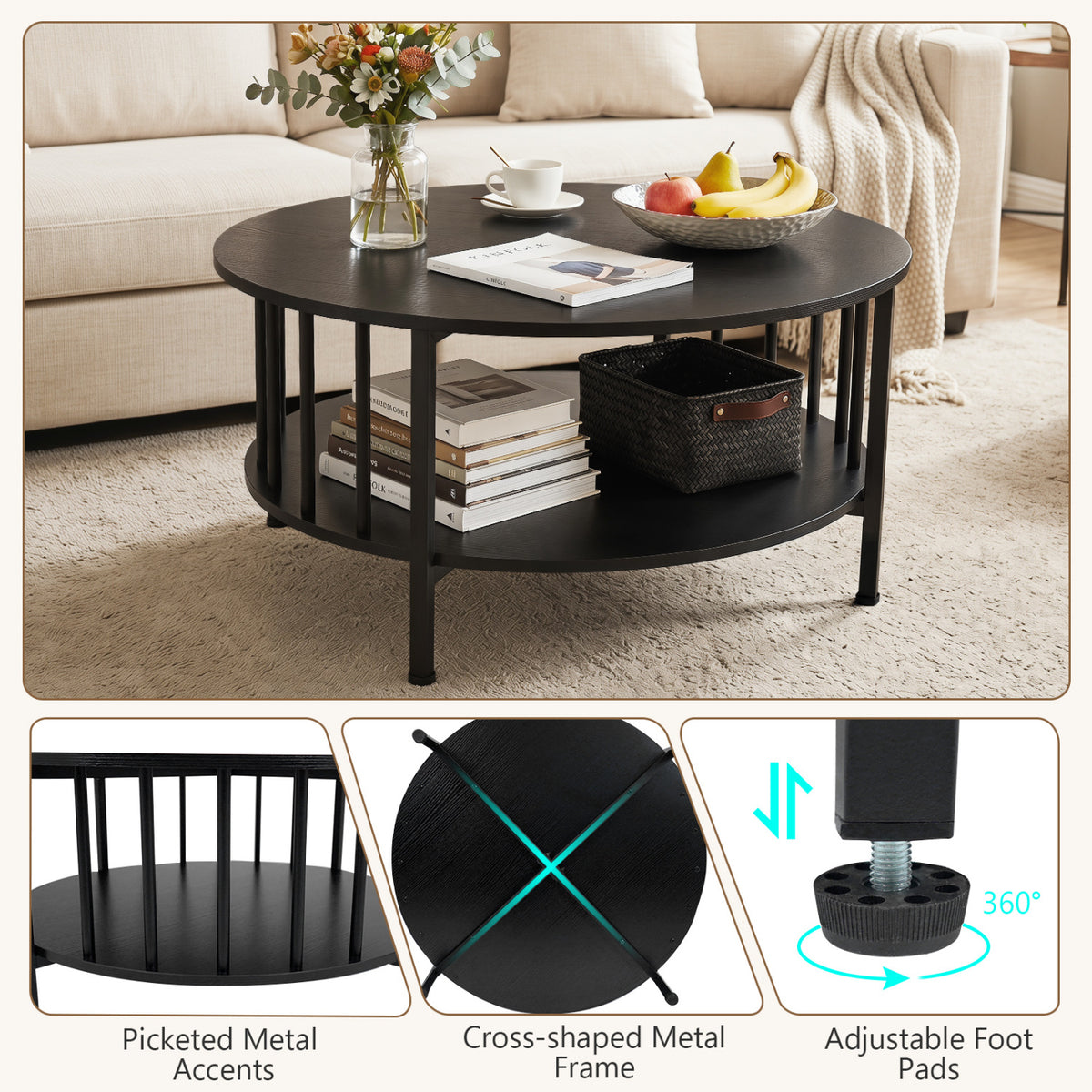 2-Tier Round Coffee Table with Storage Shelf and Metal Accents in Black Walnut-Black-Coffee Tables-DECOROLALA