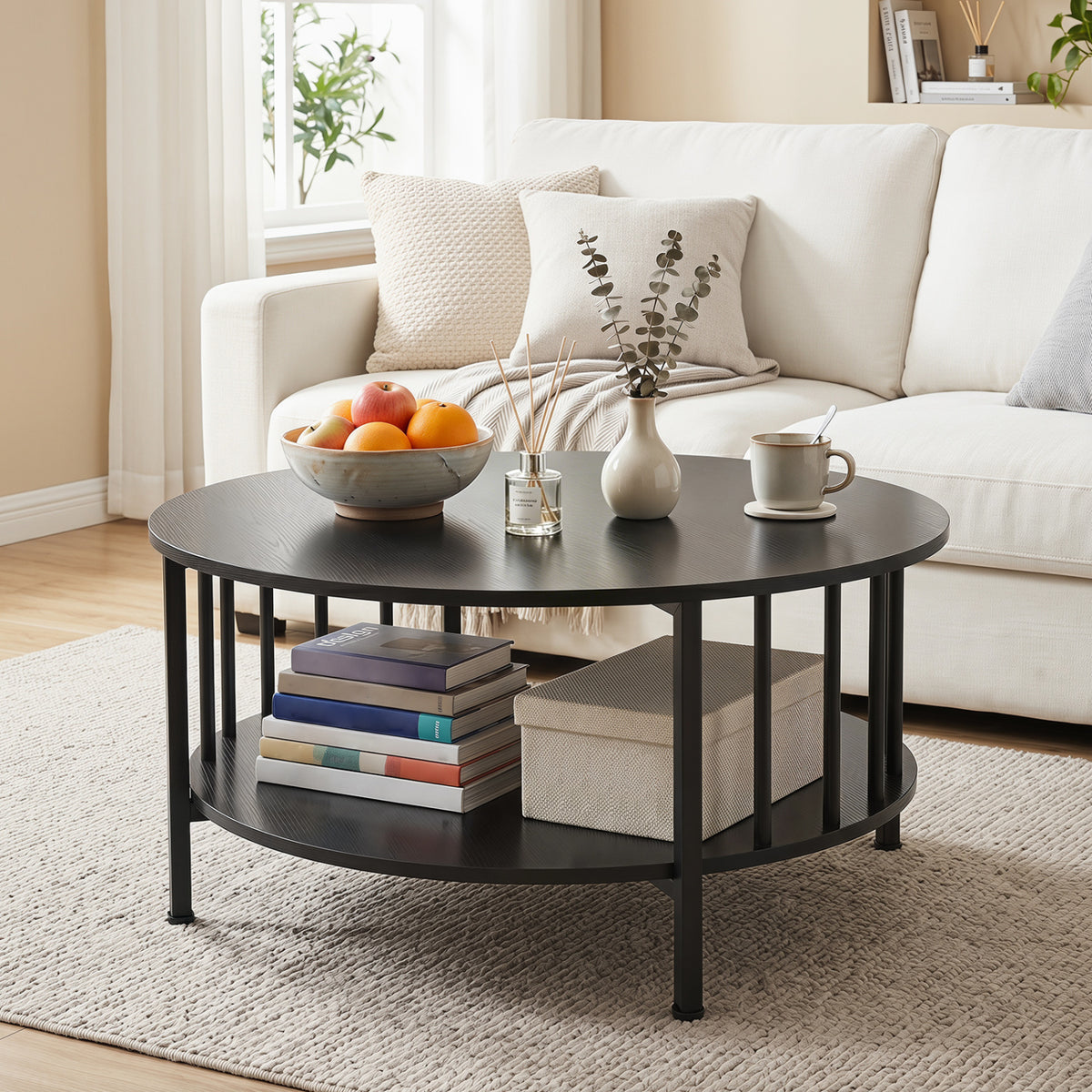 2-Tier Round Coffee Table with Storage Shelf and Metal Accents in Black Walnut-Black-Coffee Tables-DECOROLALA