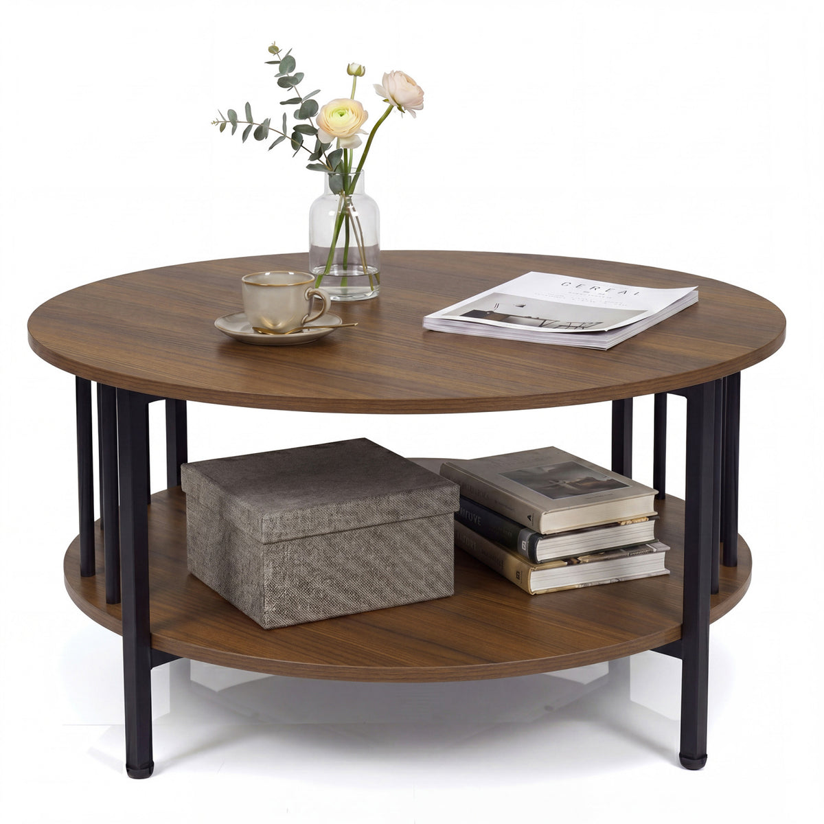 2-Tier Round Coffee Table with Storage Shelf and Metal Accents in Black Walnut-Walnut-Coffee Tables-DECOROLALA