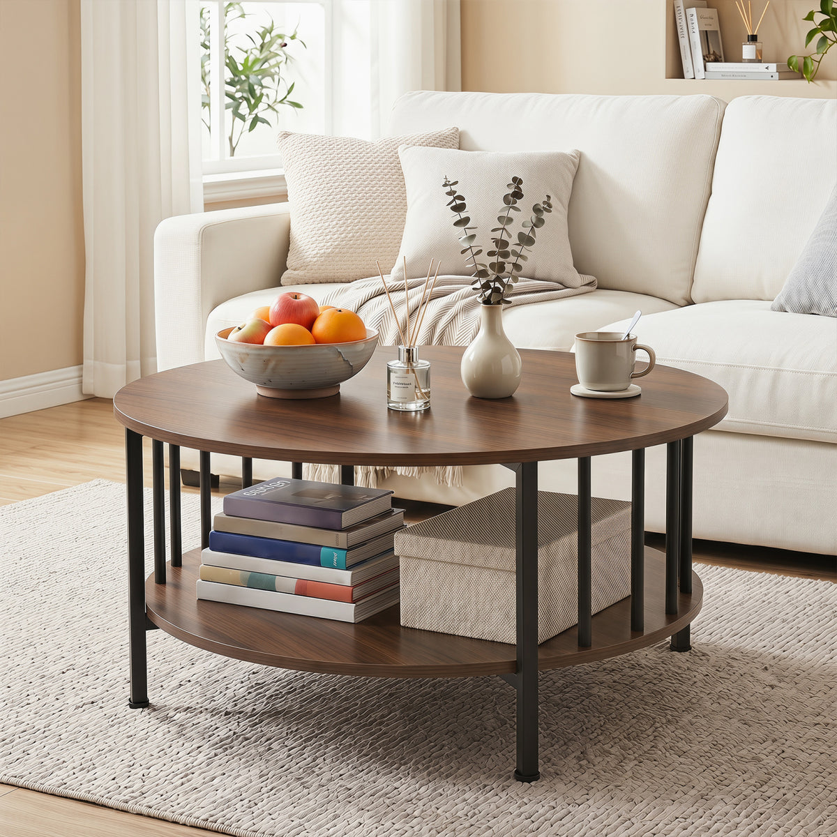 2-Tier Round Coffee Table with Storage Shelf and Metal Accents in Black Walnut-Walnut-Coffee Tables-DECOROLALA