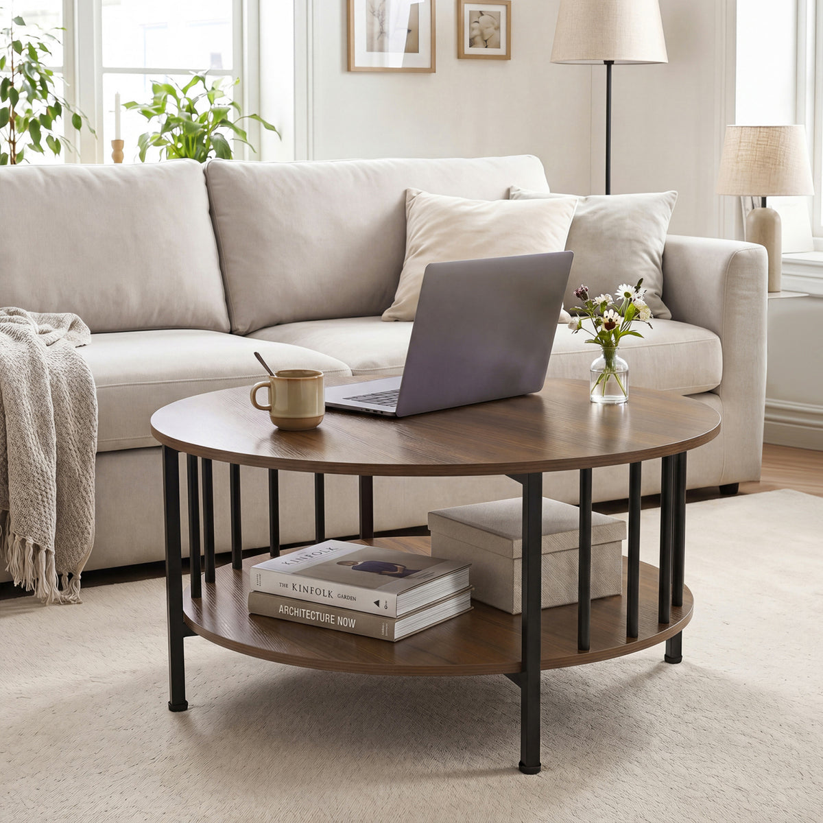 2-Tier Round Coffee Table with Storage Shelf and Metal Accents in Black Walnut-Walnut-Coffee Tables-DECOROLALA